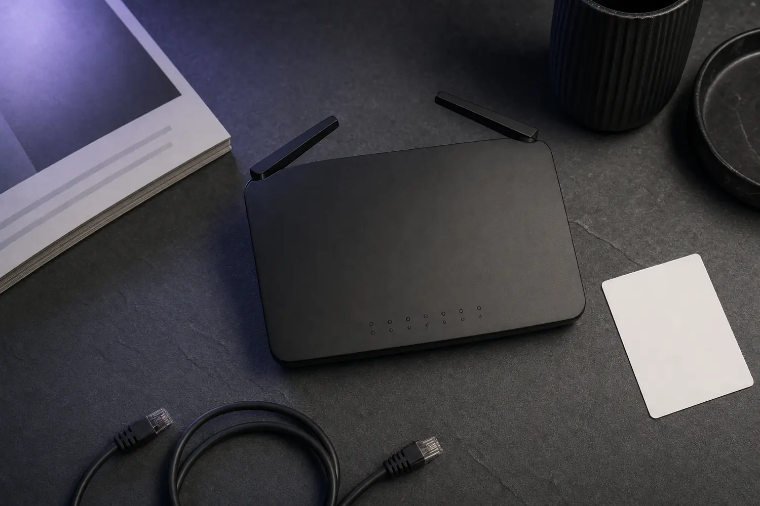 Router mit angelegten Antennen von oben, daneben eine leere weisse Karte