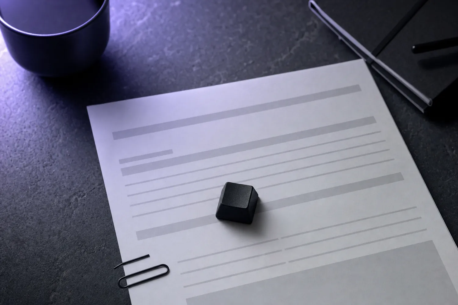 Einzelne unbeschriftete Tastaturtaste auf einem gedruckten Formular