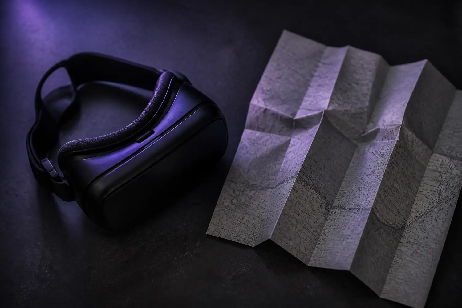 VR-Brille neben einer in Facetten gefalteten Papierkarte