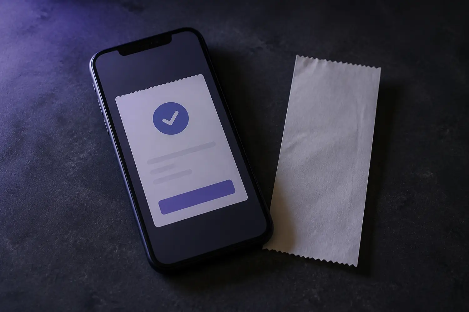 Smartphone mit leerer Zahlungsbestaetigung neben einem perforierten Papierbeleg