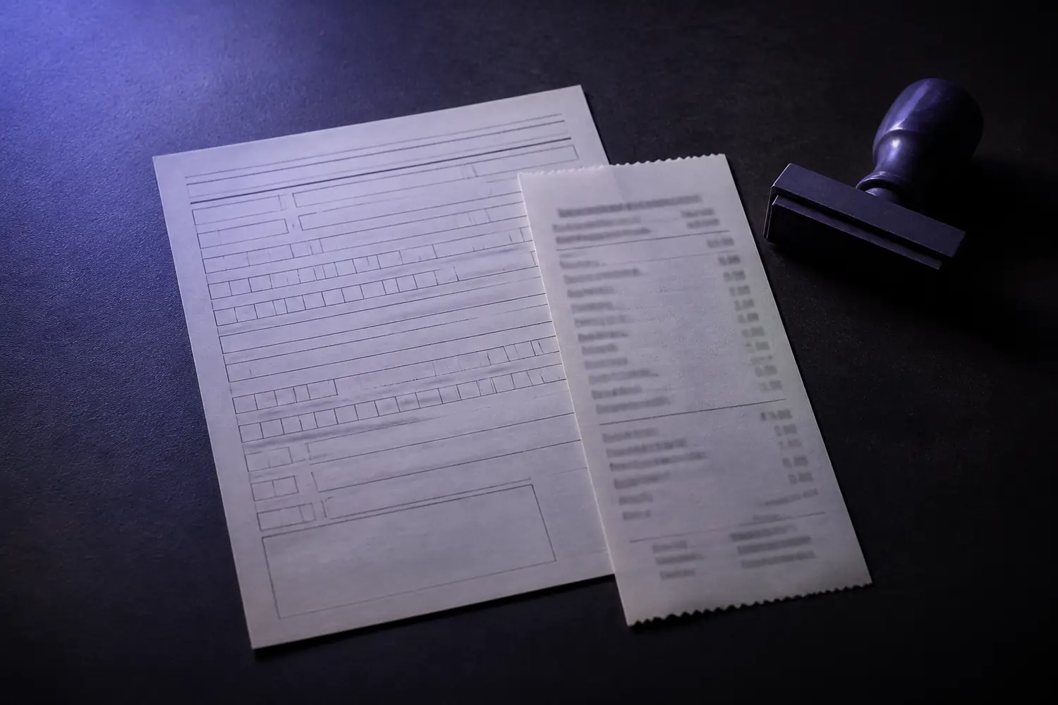 Überweisungsformular und Belegstreifen mit Perforation neben einem Datumsstempel