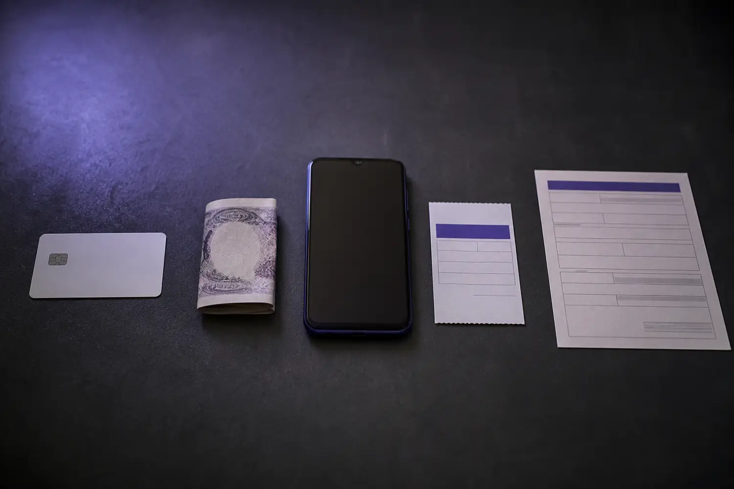 Fuenf Zahlungsmittel in einer Reihe: Karte, Geldschein, Smartphone, Guthabenbeleg, Formular