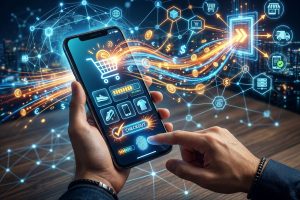 Ein Smartphone, auf dem typische Shopping-Symbole zu sehen sind.